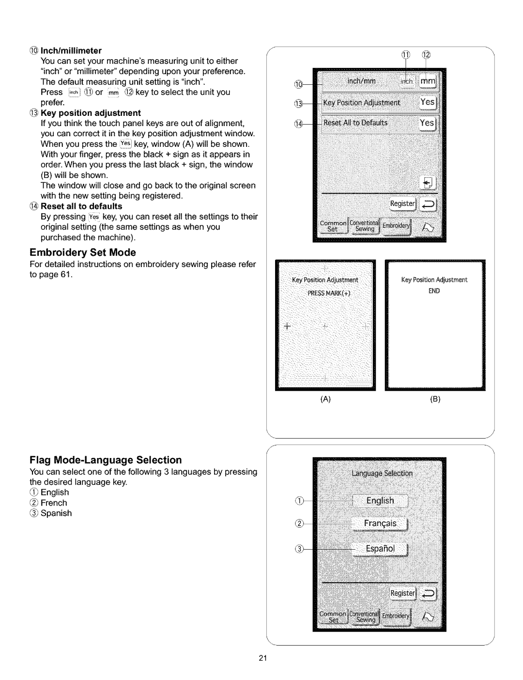 Kenmore 010, 519, 38, 200 owner manual Flag Mode-Language Selection, Reset all to defaults, Desired language key 