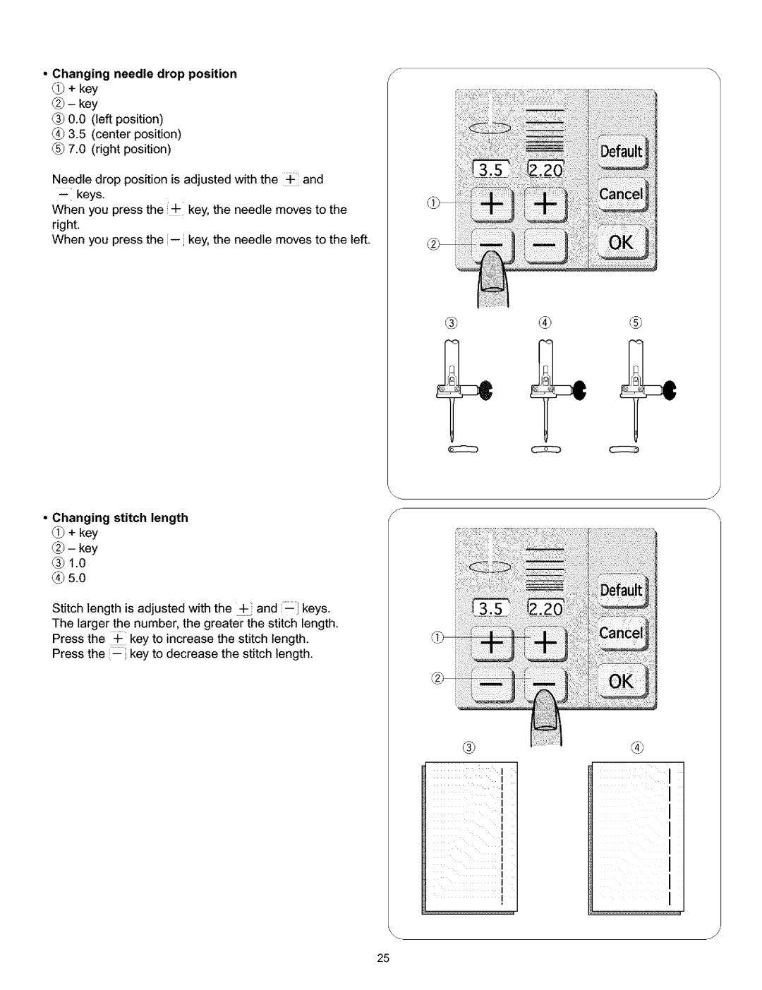 Kenmore 010, 519, 38, 200 owner manual Changing needle drop position j + key, Changing stitch length j + key 