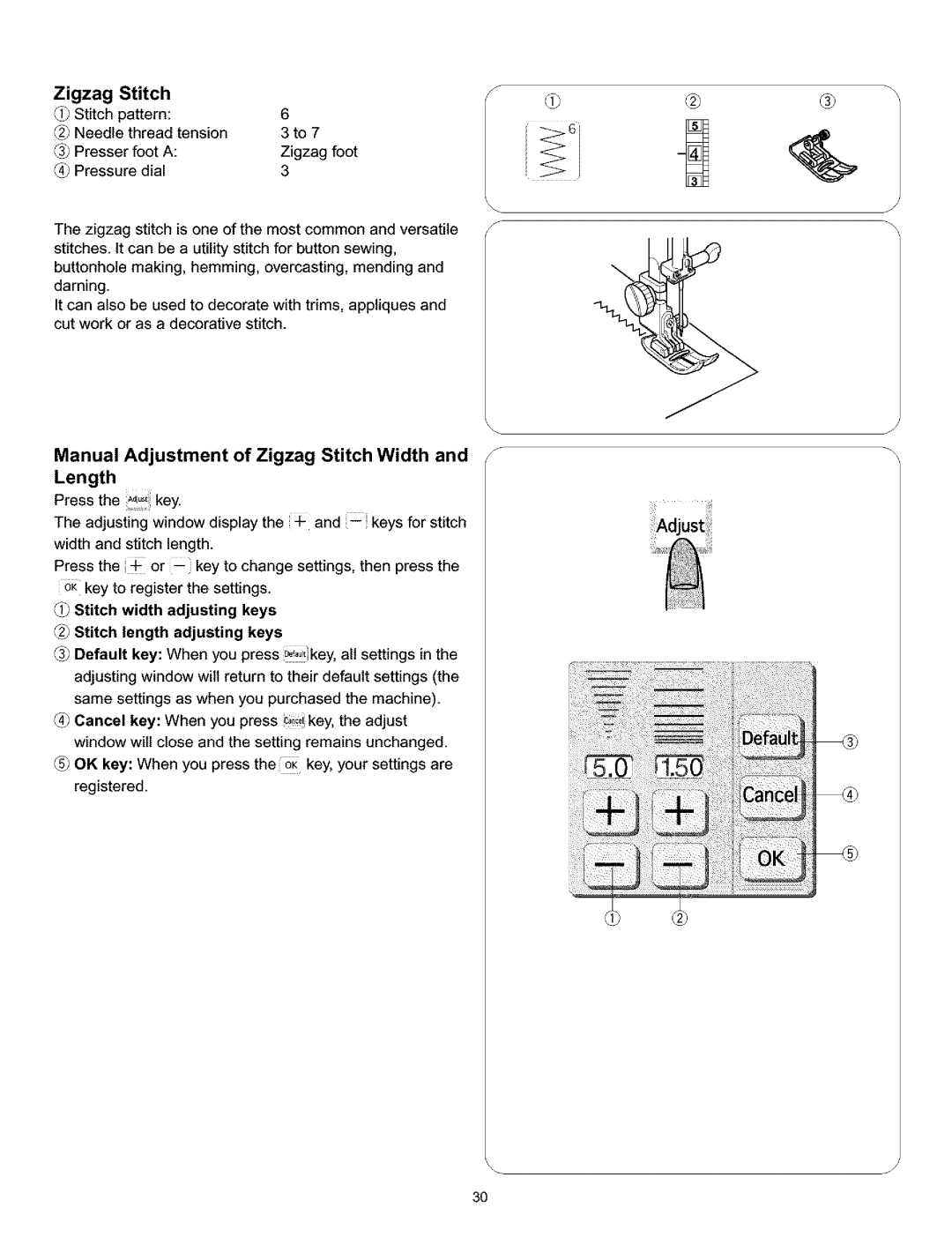 Kenmore 519, 38, 200, 010 owner manual Manual Adjustment of Zigzag Stitch Width and f Length 