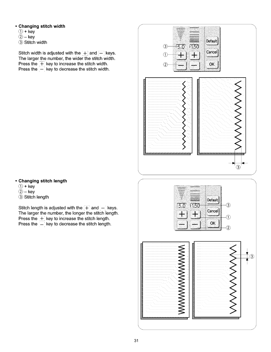 Kenmore 38, 519, 200, 010 owner manual Changing stitch width +key, Changing stitch length +key 