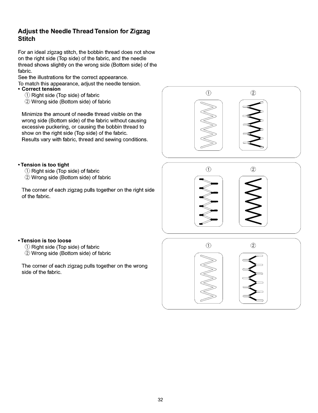 Kenmore 200, 519, 38, 010 owner manual Adjust the Needle Thread Tension for Zigzag Stitch, Correct tension 