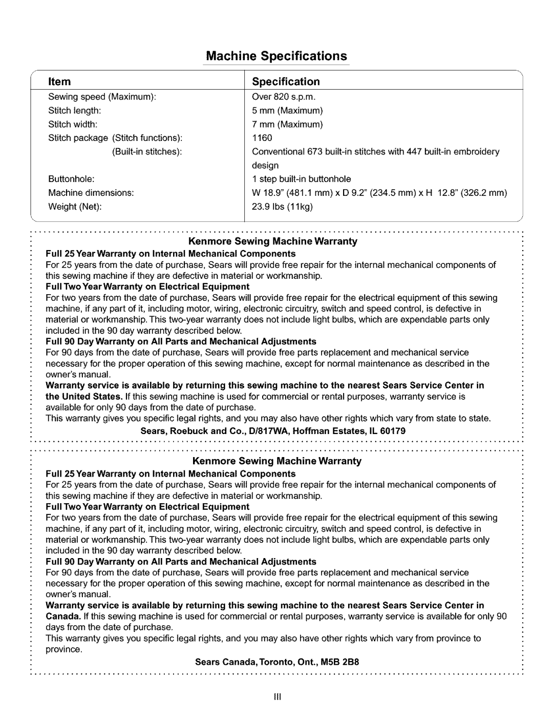 Kenmore 519, 38, 200, 010 owner manual Machine Specifications 