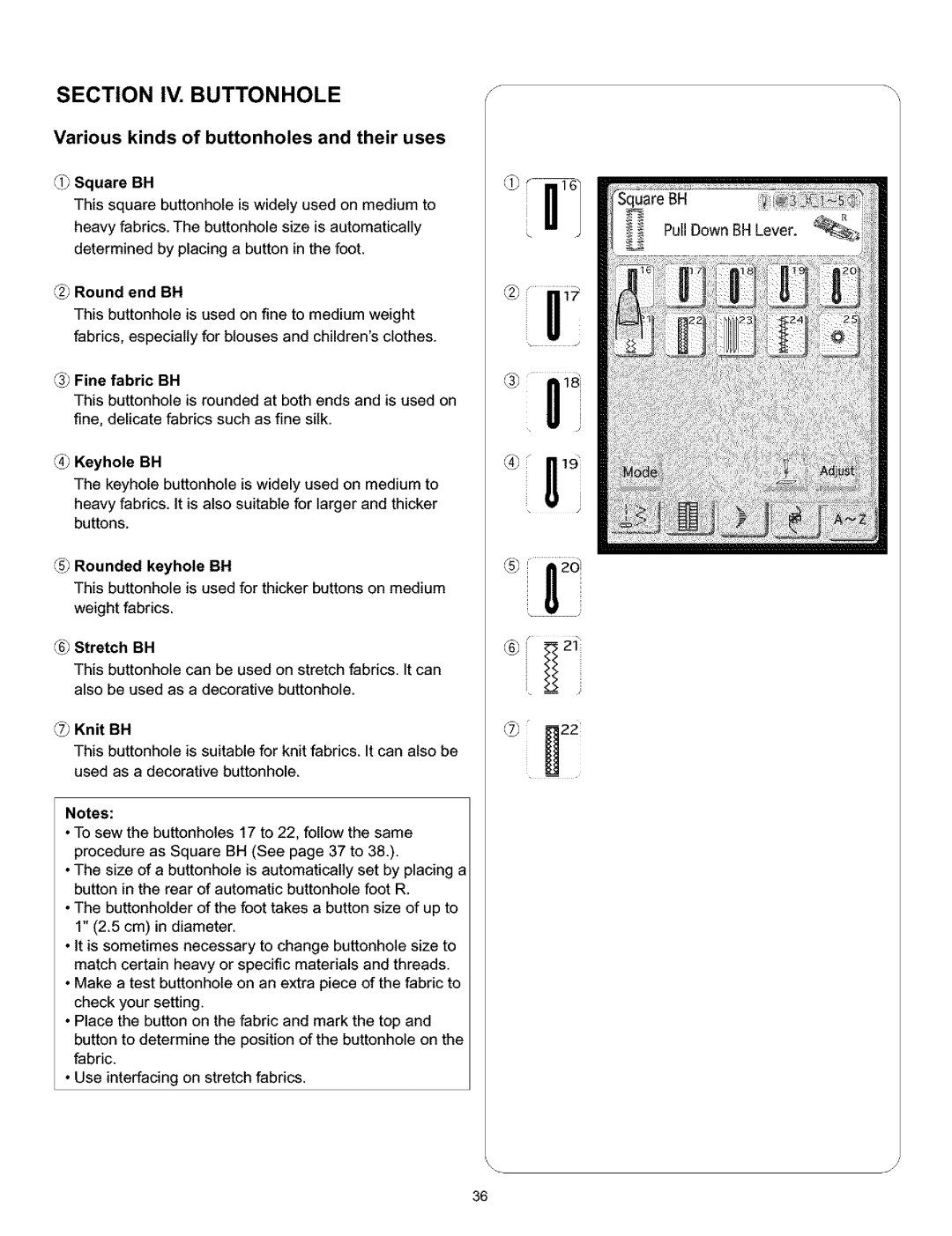 Kenmore 200, 519, 38 Various kinds of buttonholes and their uses, Square BH, Round end BH, Rounded keyhole BH, Stretch BH 