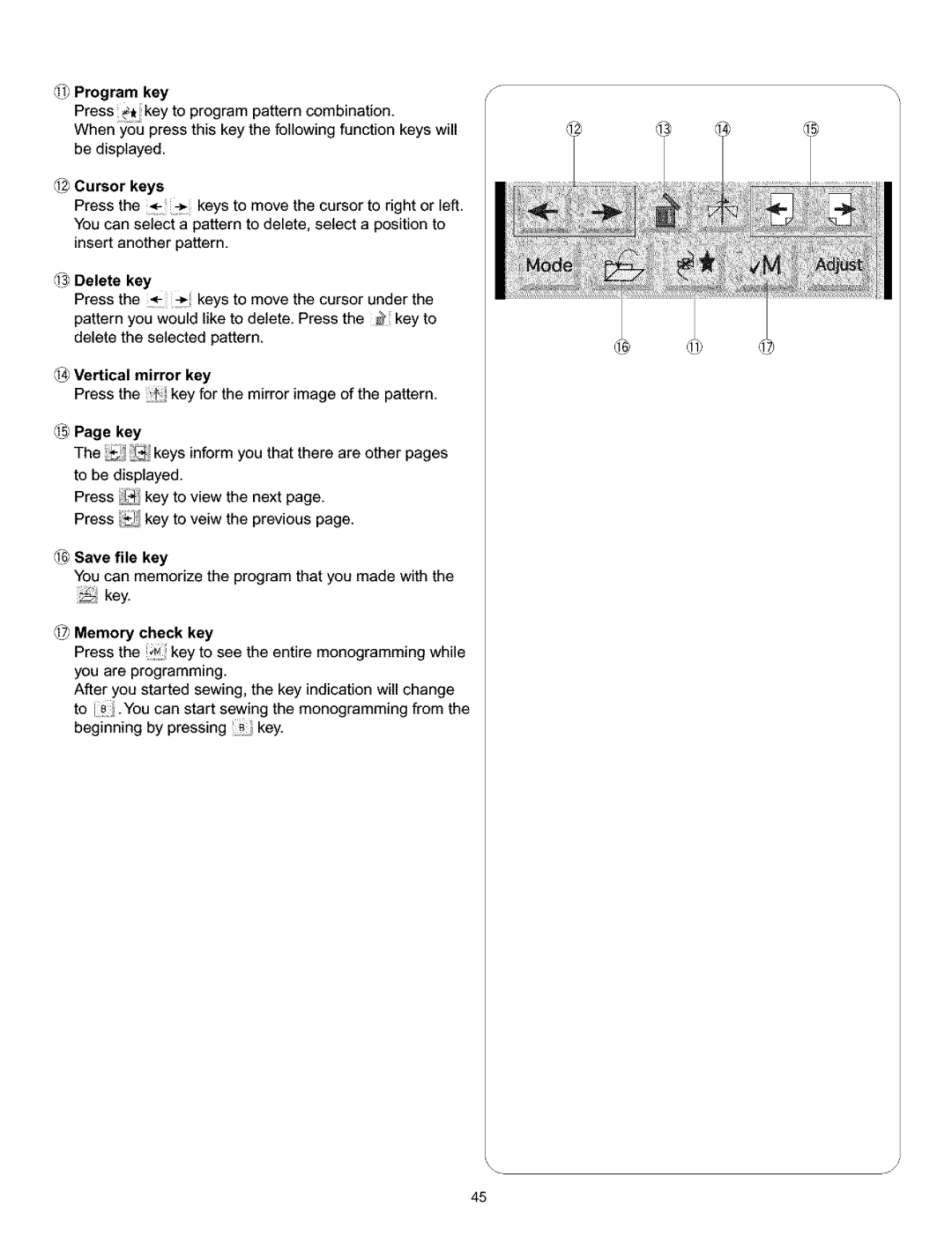 Kenmore 010, 38 Program Key Press Key to program pattern combination, Keys, Delete Key, Vertical mirror key, Save file key 