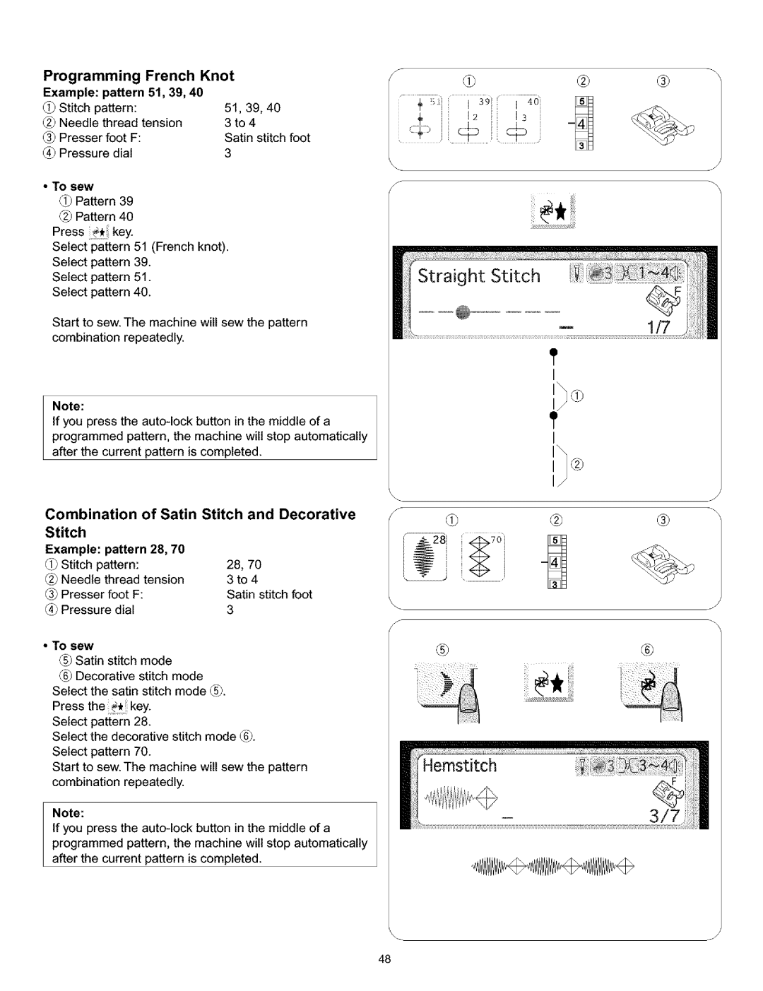 Kenmore 200, 519 Programming, French Knot Example Pattern 51, 39, Combination Satin Stitch and Decorative Example Pattern 