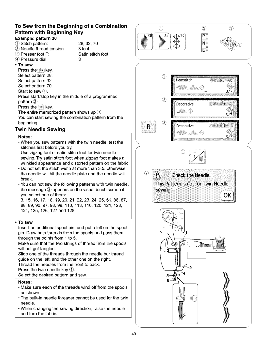 Kenmore 010, 519, 38, 200 owner manual To Sew from the Beginning of a Combination Pattern With Key, Twin Needle Sewing 