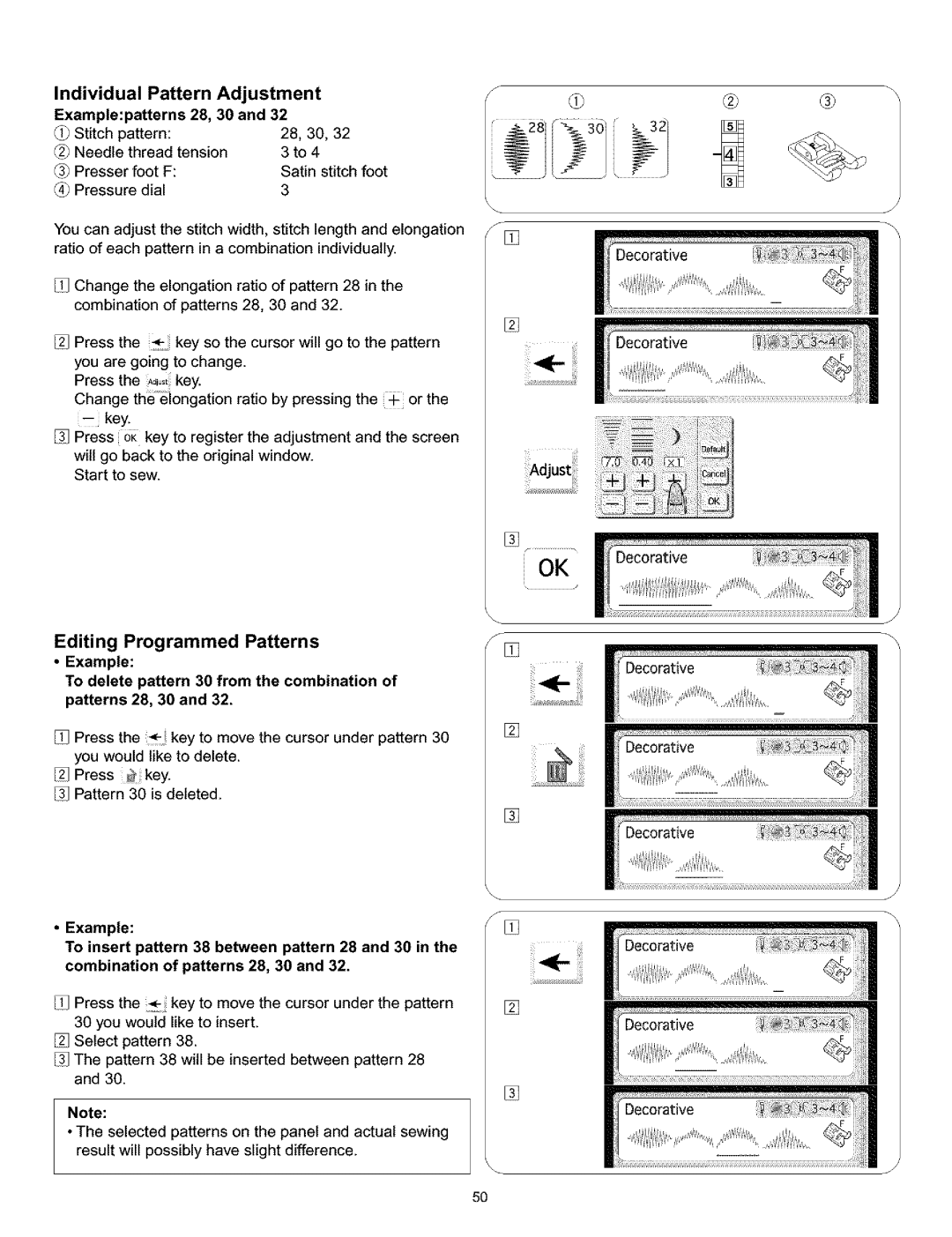 Kenmore 519, 38, 200, 010 owner manual Individual Pattern Adjustment, Examplepatterns 28, 30 