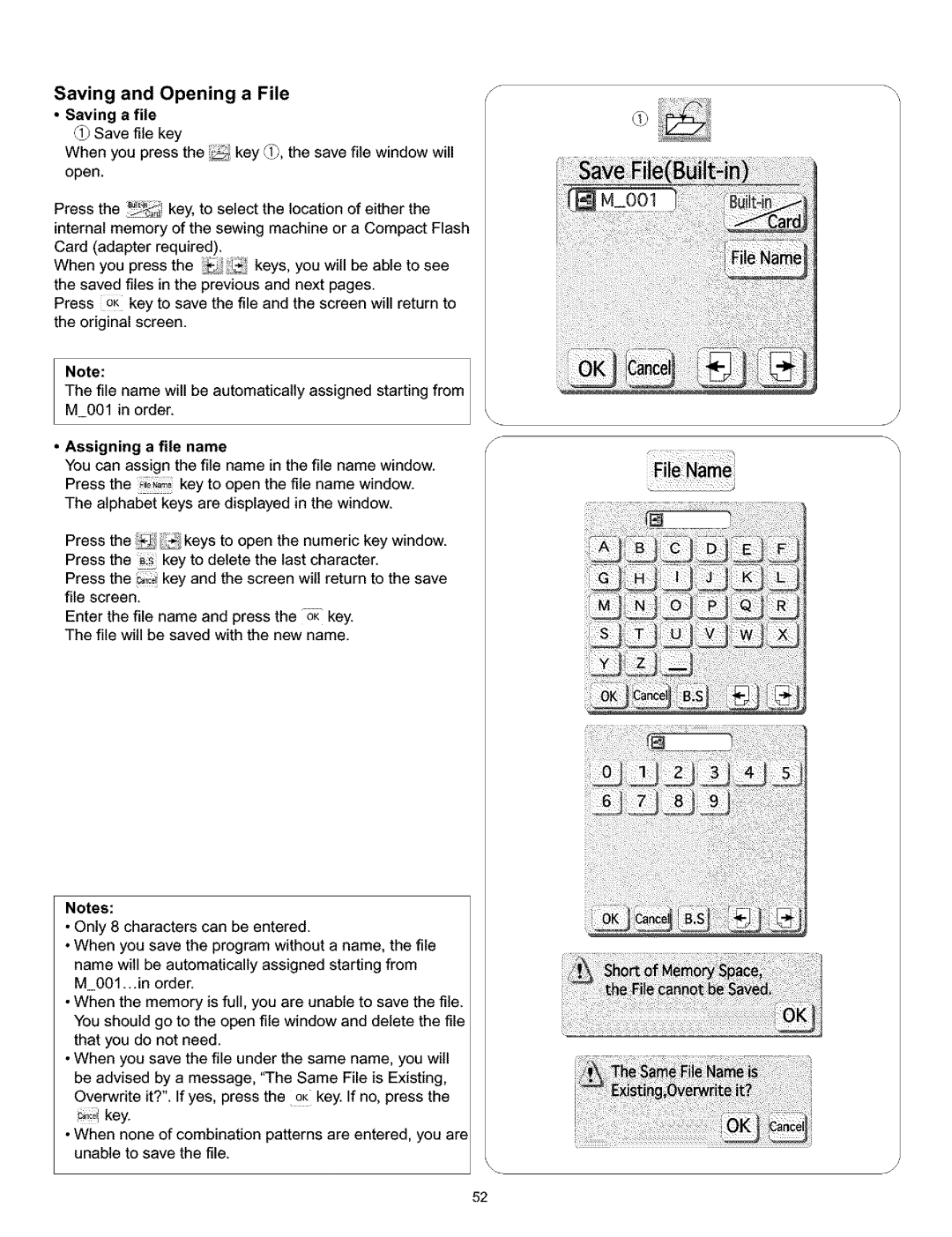 Kenmore 200, 519, 38, 010 owner manual Saving Opening, File Saving, Assigning a file name 