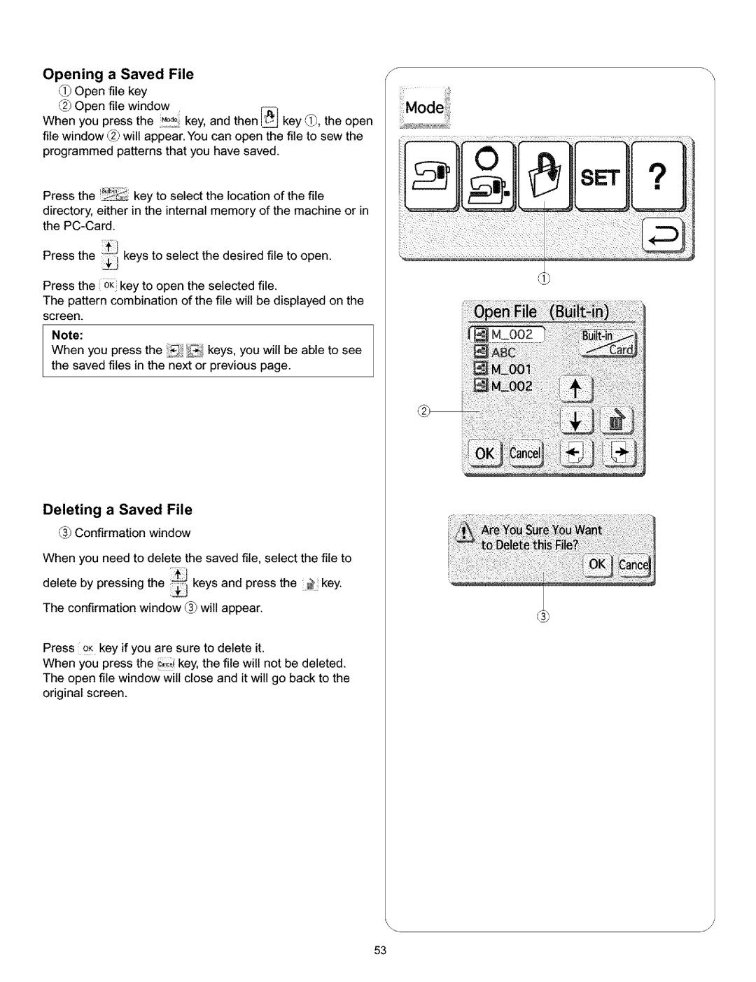 Kenmore 010, 519, 38, 200 owner manual Opening a Saved File, Deleting a Saved File 