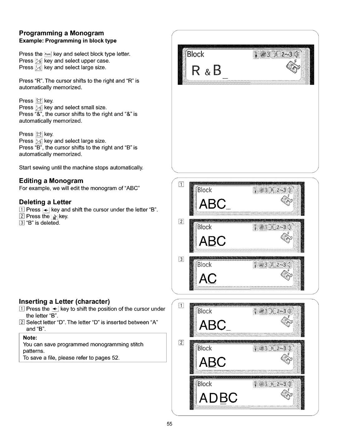 Kenmore 38, 519 Inserting a Letter character, Programming a Monogram Example Programming in block type, Editing a Monogram 