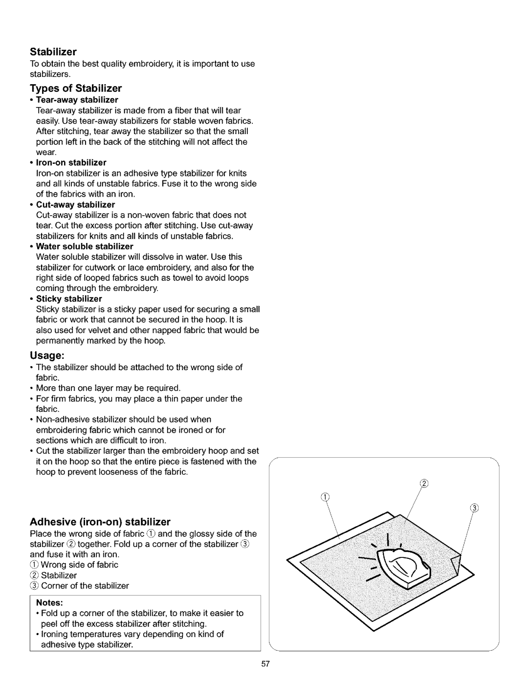 Kenmore 010, 519, 38, 200 owner manual Types of Stabilizer, Adhesive iron-onstabilizer 