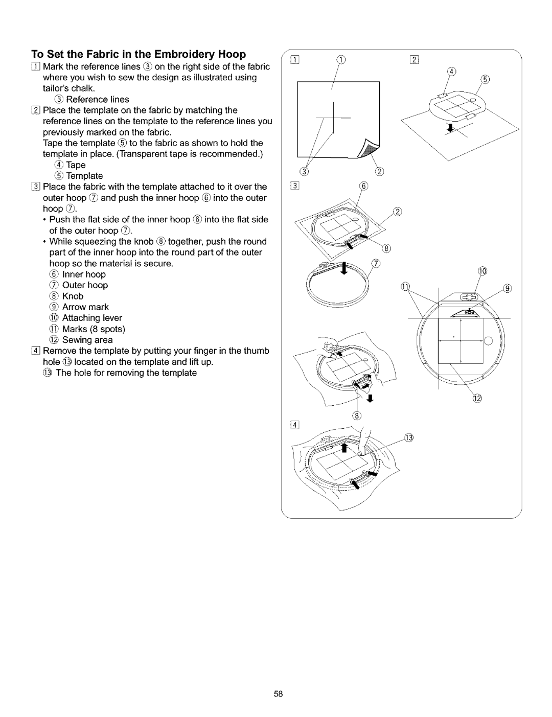 Kenmore 519, 38, 200, 010 owner manual To Set the Fabric in the Embroidery Hoop 