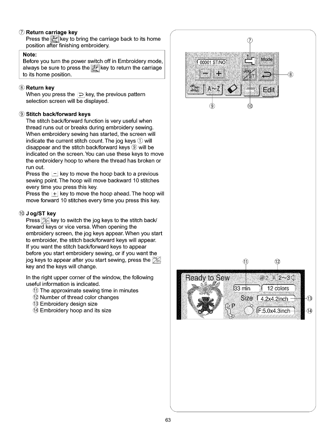 Kenmore 38, 519, 200, 010 owner manual Stitch back/forward keys, Og/ST key 