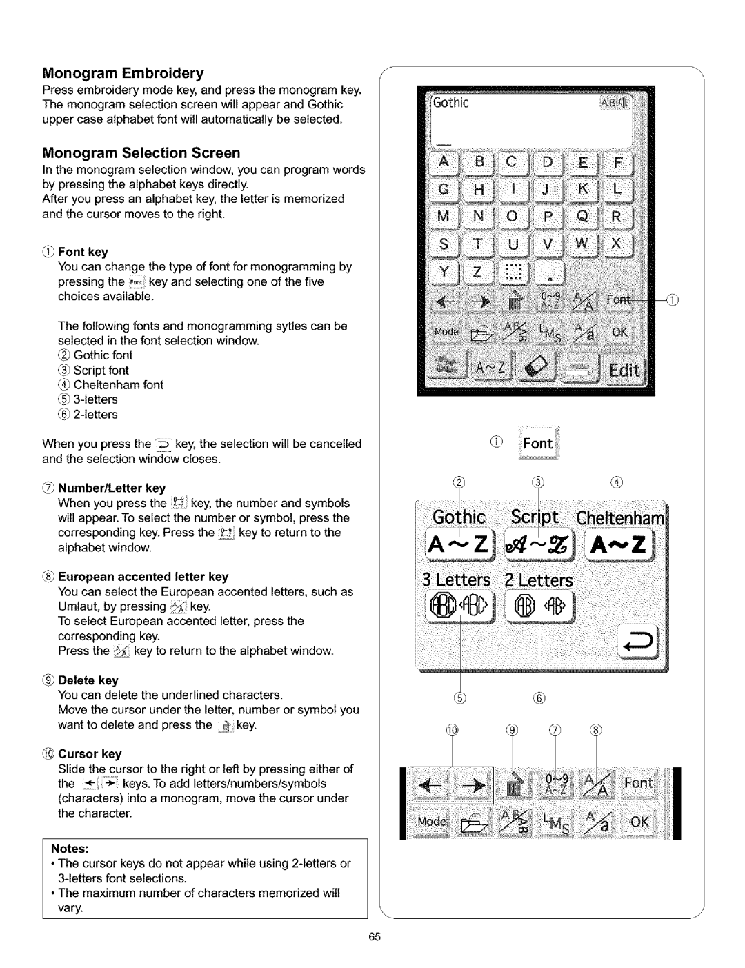 Kenmore 010, 519 Monogram Embroidery, Monogram Selection Screen, Font key, NumberlLetter key, European accented letter key 