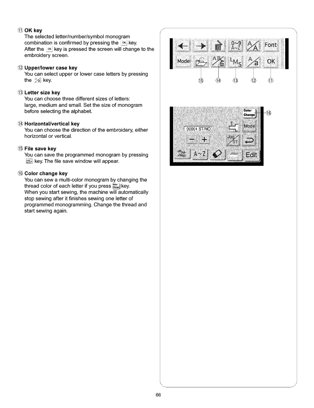 Kenmore 519, 38, 200, 010 owner manual @ Letter size key, File save key, Color change key 