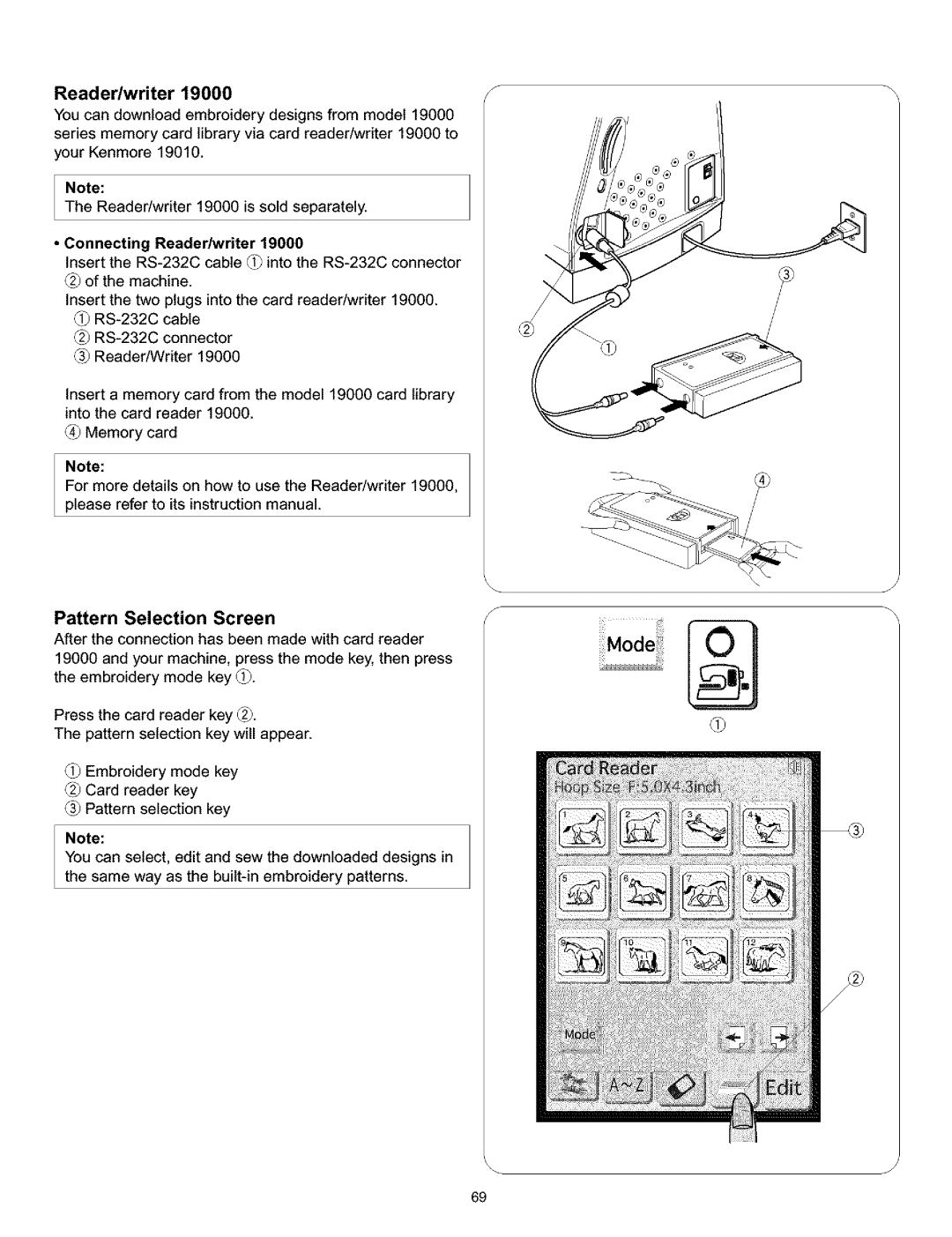 Kenmore 010, 519, 38 Pattern Selection Screen, Connecting Reader/writer, RS-232C cable RS-232C connector Reader/Writer 