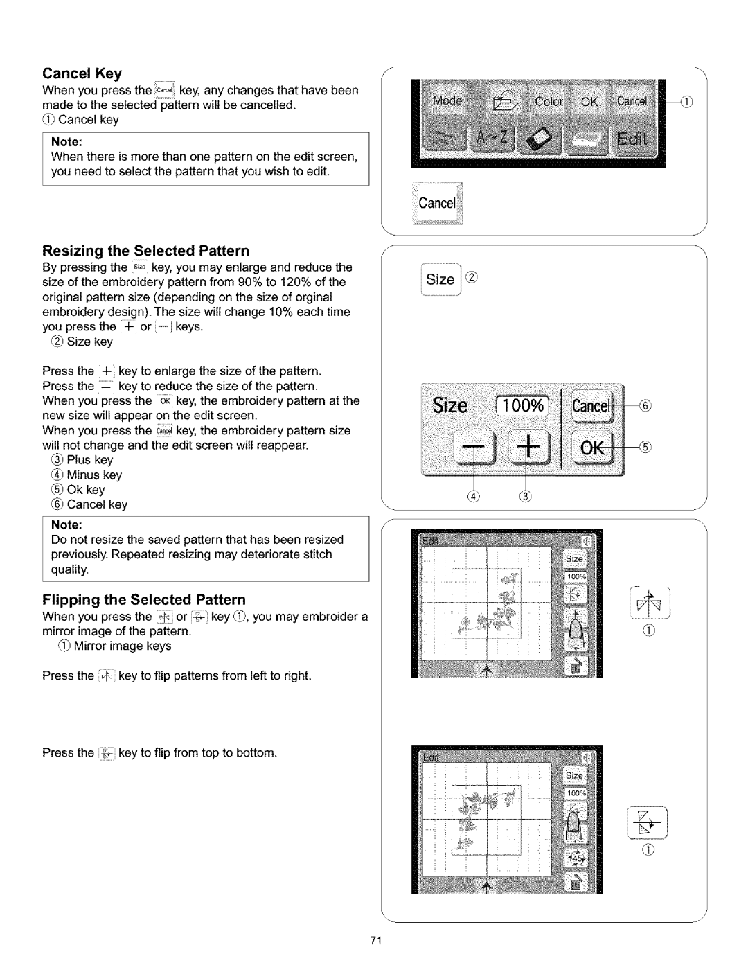 Kenmore 38, 519, 200, 010 owner manual Resizing the Selected Pattern, Flipping the Selected Pattern 