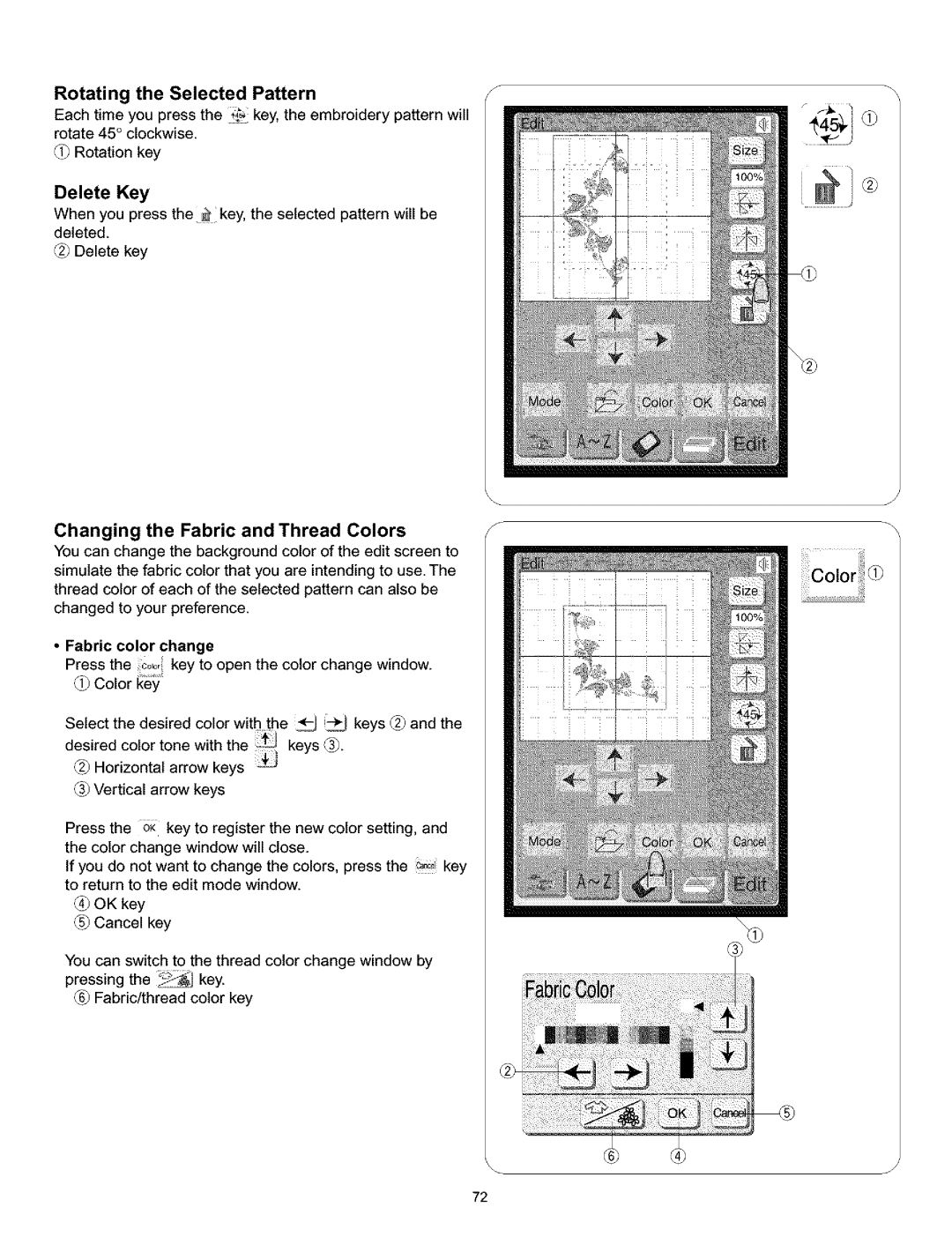 Kenmore 200, 519, 38, 010 Rotating the Selected Pattern, Changing the Fabric and Thread Colors, Fabric color change 