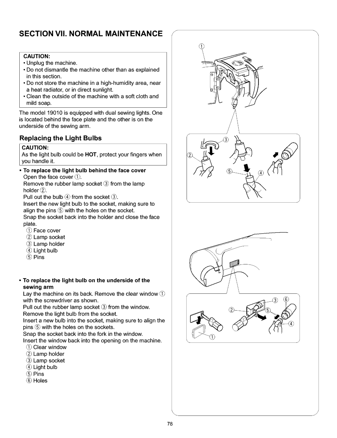 Kenmore 519, 38, 200, 010 owner manual SECTIONVll. Normal Maintenance s, Replacing the Light Bulbs 