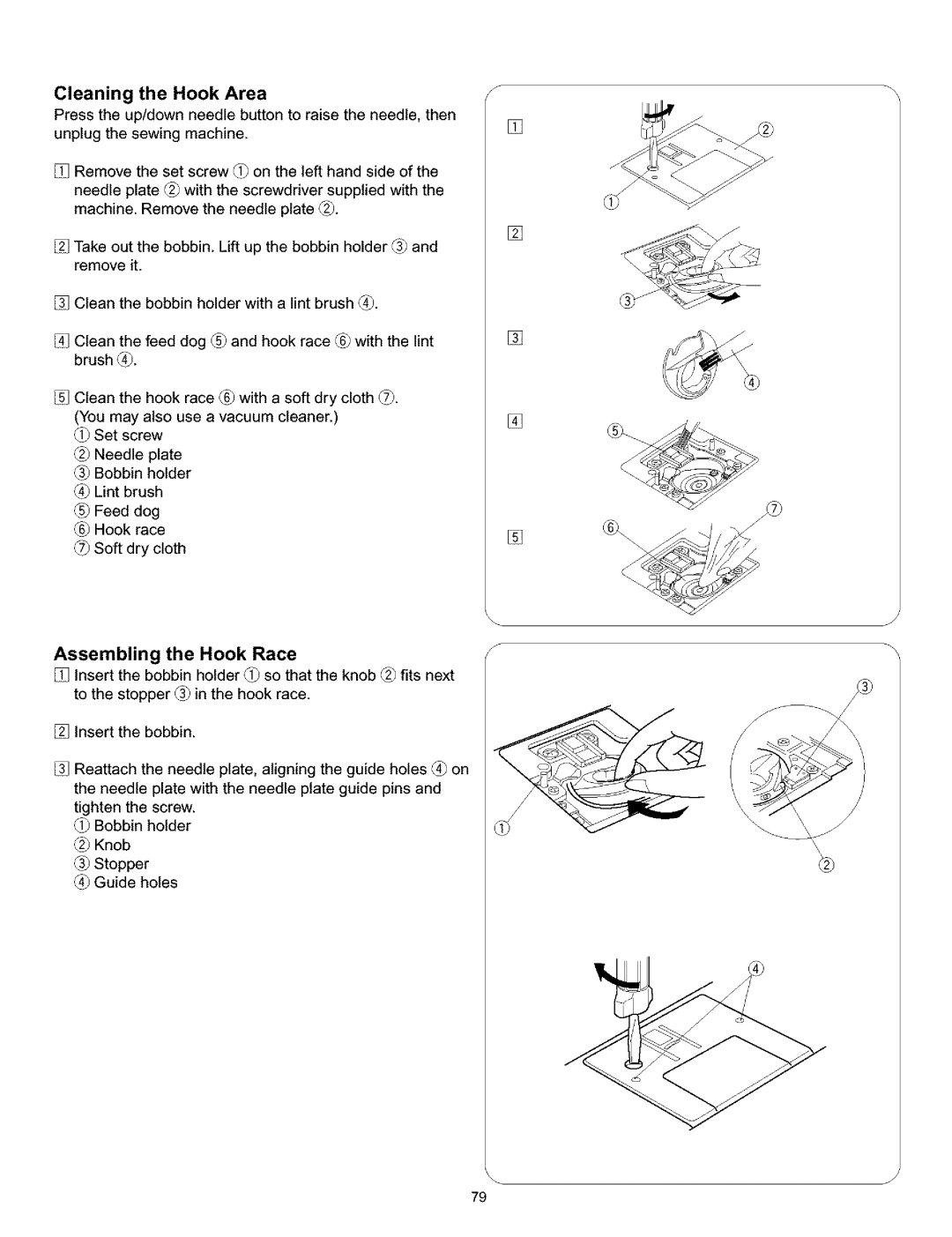 Kenmore 38, 519, 200, 010 owner manual Cleaning the Hook Area, Assembling the Hook Race 