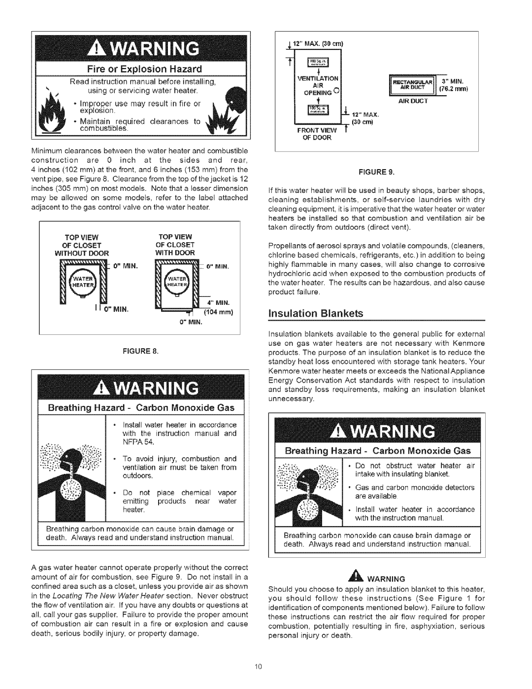 Kenmore 530, 334 owner manual Min, Insulation Blankets, Fire or Explosion Hazard, Breathing Hazard Carbon Monoxide Gas, Air 