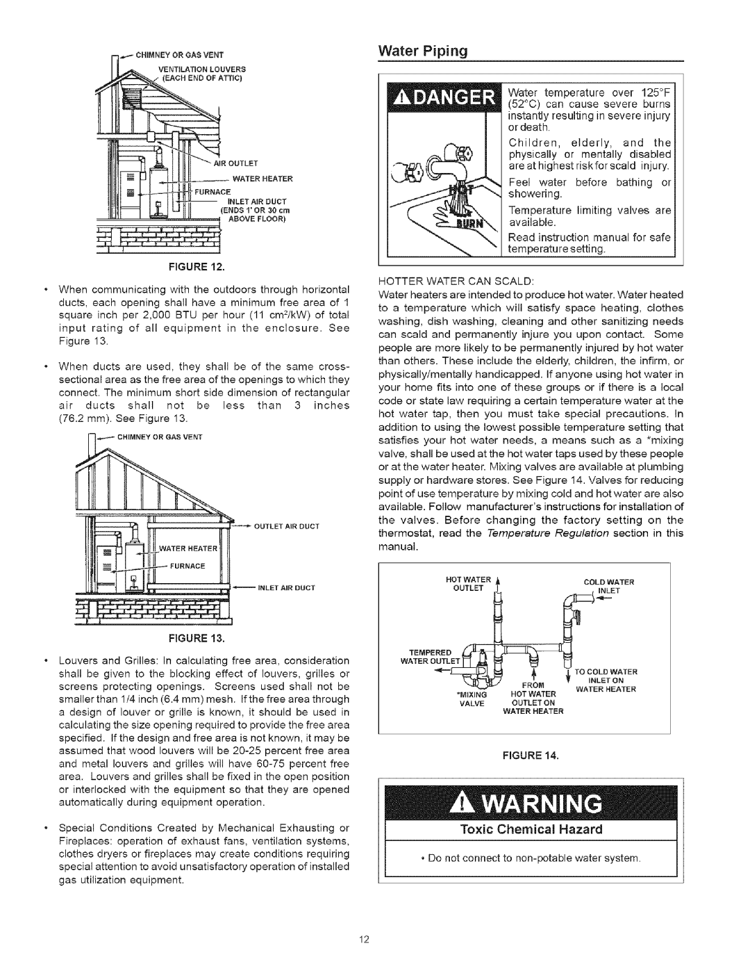 Kenmore 530, 334 owner manual Water Piping, Toxic Chemical Hazard, Rgure 