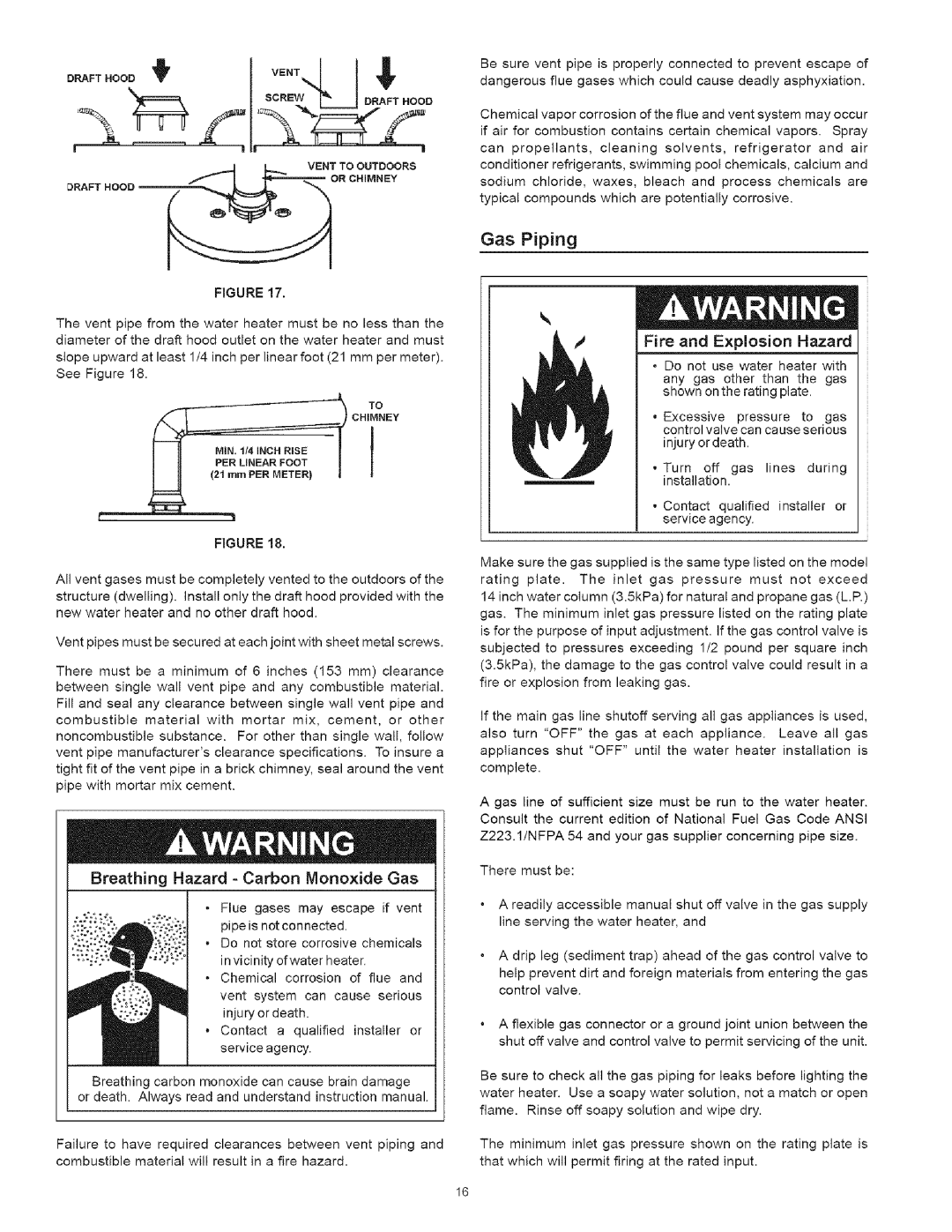 Kenmore 530, 334 owner manual Ret,,,,L, Gas Piping, Fire and Explosion Hazard, Drafthood Chimney 