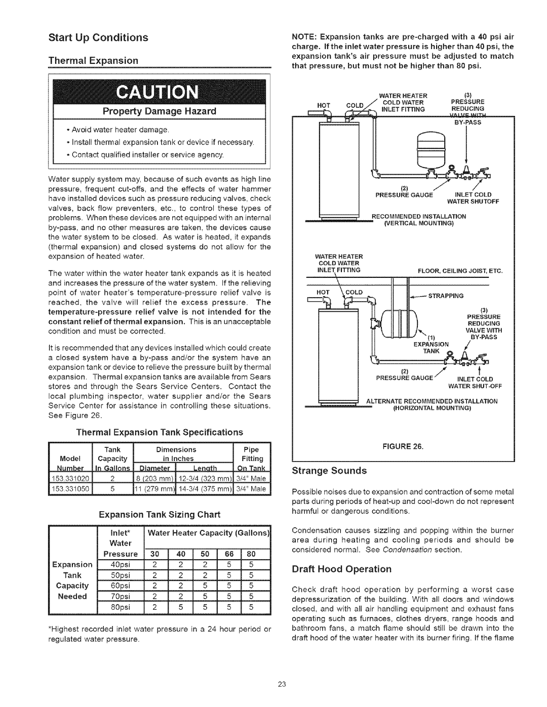 Kenmore 334, 530 owner manual Thermal Expansion Tank, Expansion Tank Sizing, Strange Sounds, Draft Hood Operation 