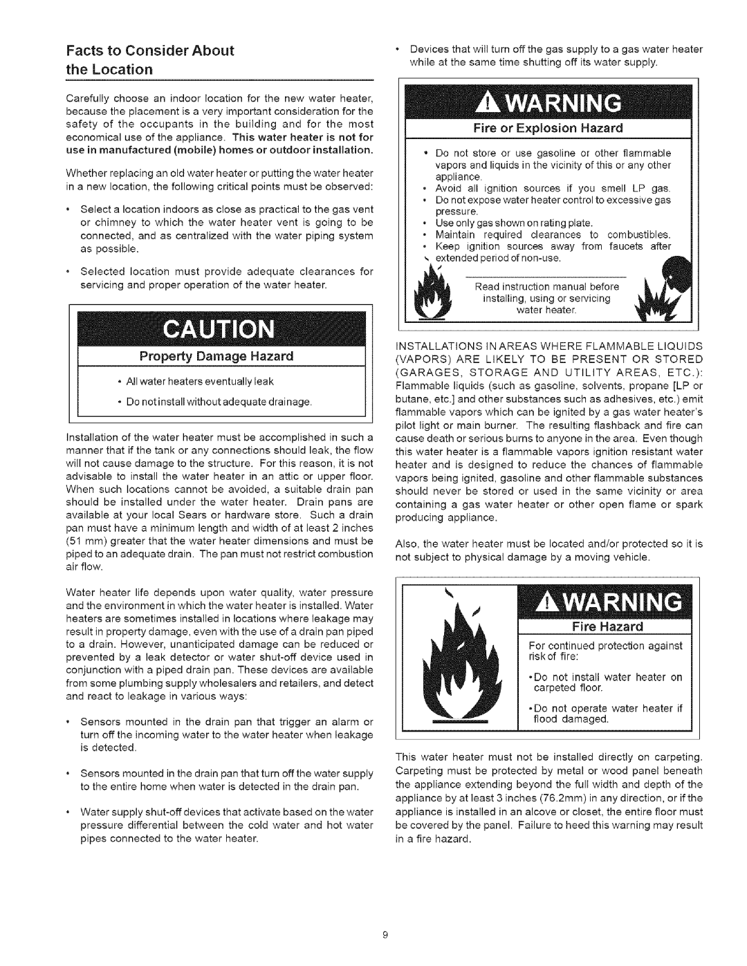 Kenmore 334, 530 owner manual Facts to Consider About Location, Fire or Explosion Hazard 