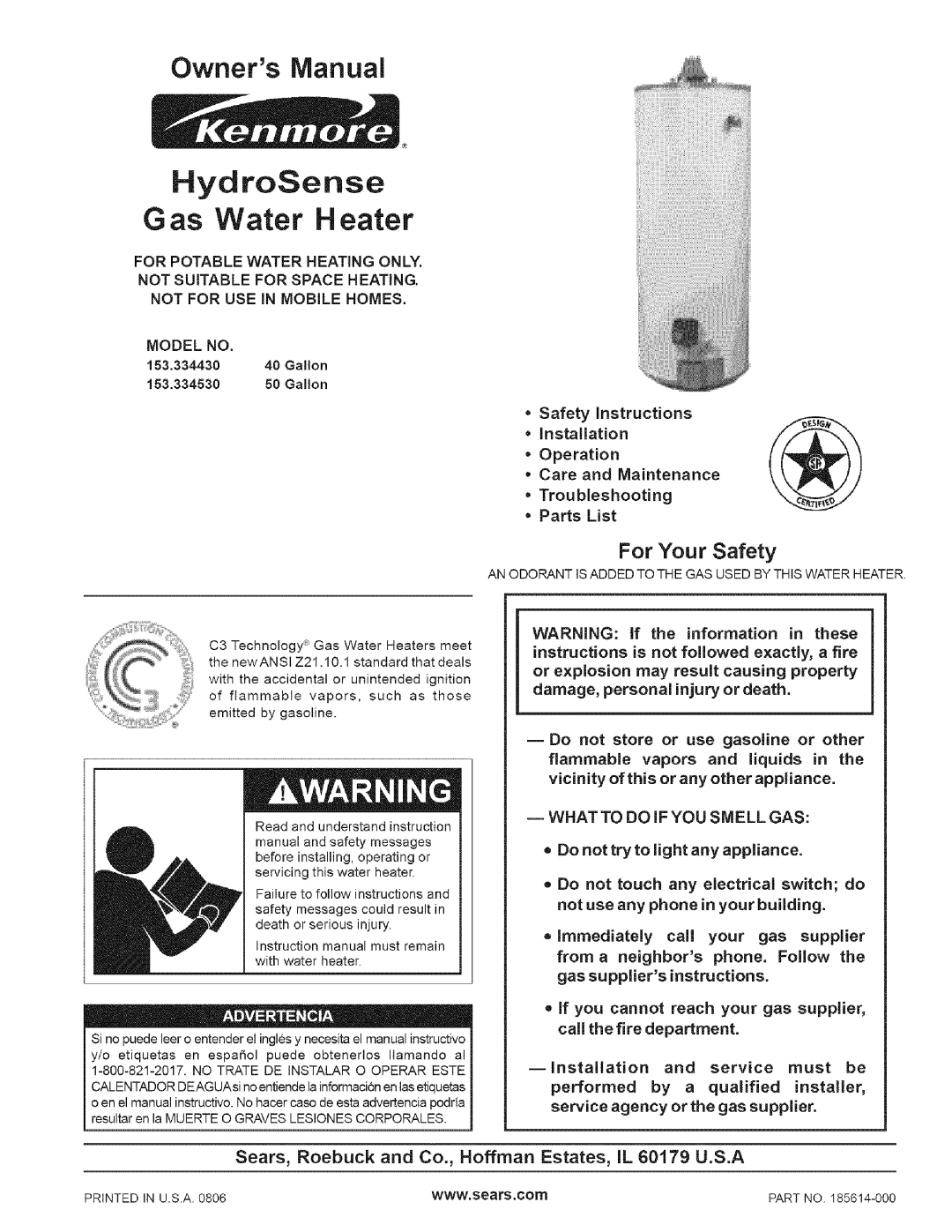 Kenmore 334, 530 owner manual For Your Safety, HydroSense, G as Water H eater, Owners Manual, Not For Use In Mobile Homes 