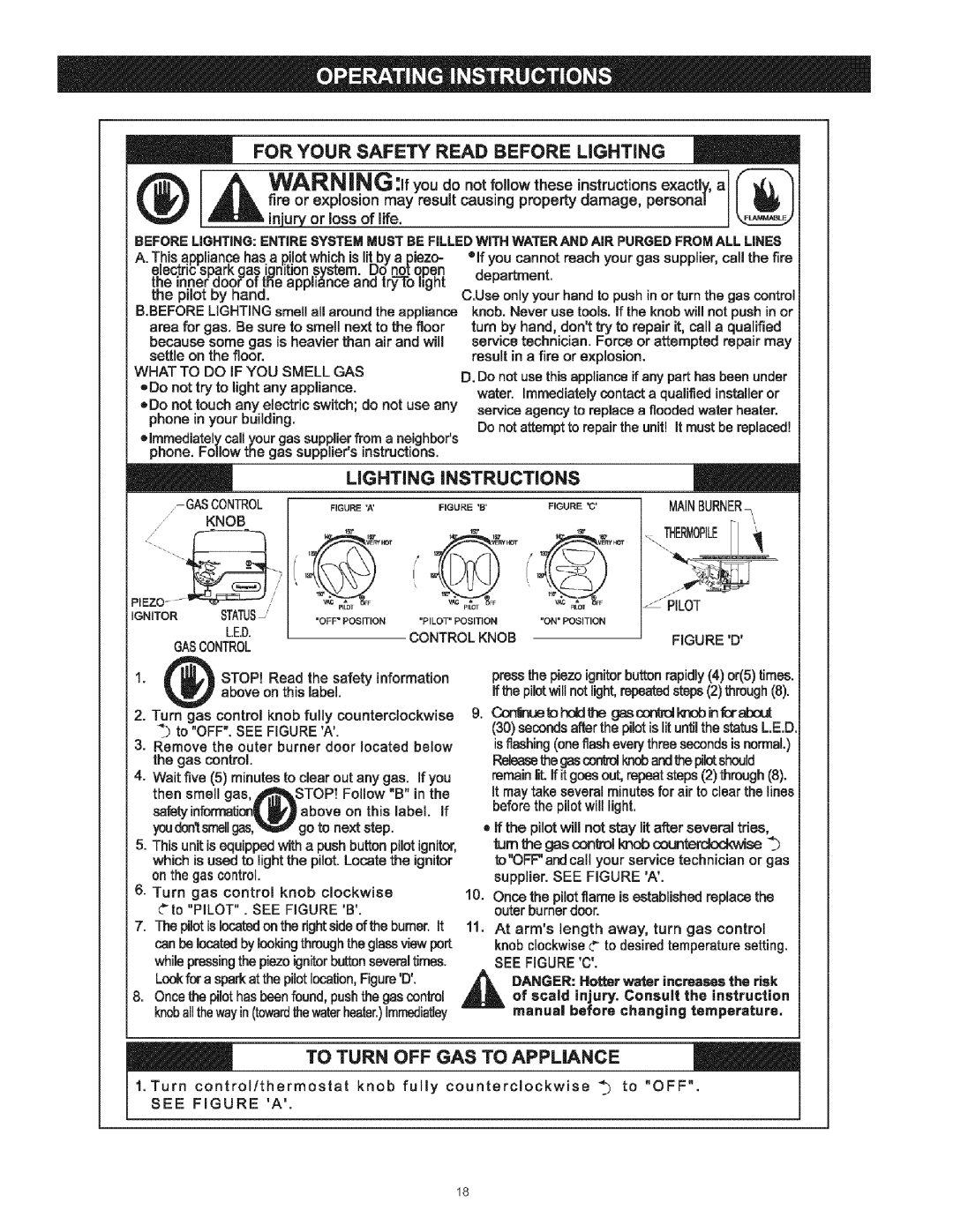 Kenmore 530 LiGHTiNG iNSTRUCTiONS, FOR YOUR SAFETY READ BEFORE LiGHTiNG, To Turn Off Gas To Appliance, the instruction 
