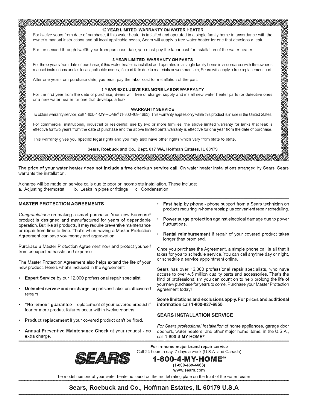 Kenmore 530, 334 owner manual t -800-4-MY-HOME, Sears Installation Service, Master Protection Agreements 