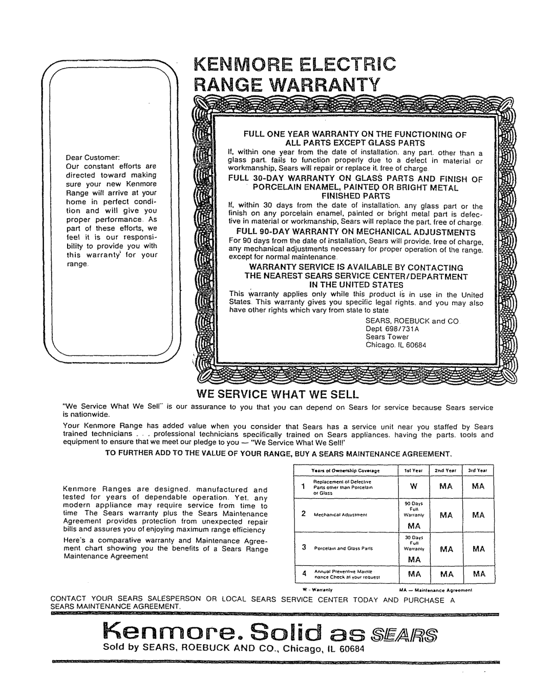 Kenmore 5303304549 manual Kenmore Electric Range Warranty, Sold by SEARS, ROEBUCK AND CO.., Chicago, IL, Nenmore. Solid aa 