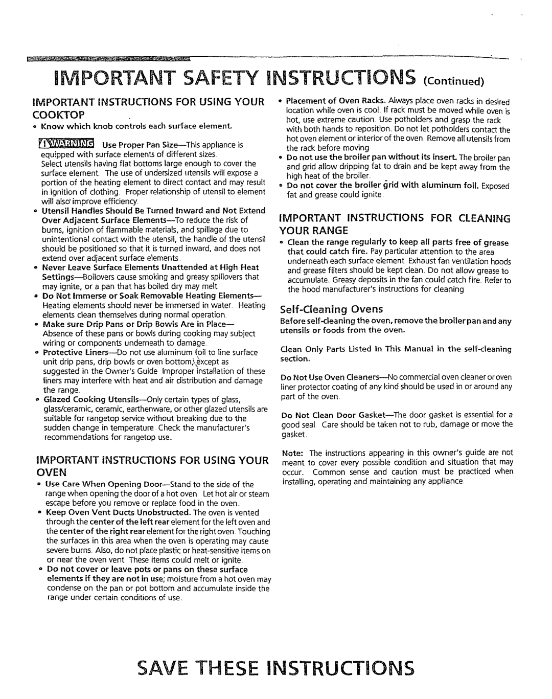 Kenmore 5303304549 manual gMPORTANT SAFETY iNSTRUCTIONS Continued, Cooktop, Important Instructions For Using Your Oven 