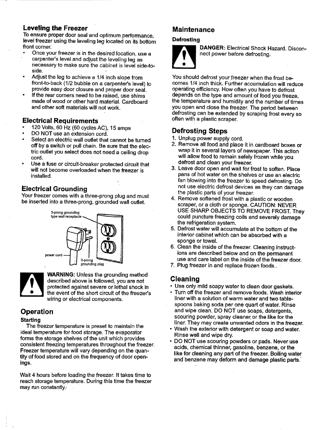 Kenmore 28702, HF7517SW Cleaning, Leveling the Freezer, Electrical Requirements, Defrosting Steps, Electrical Grounding 