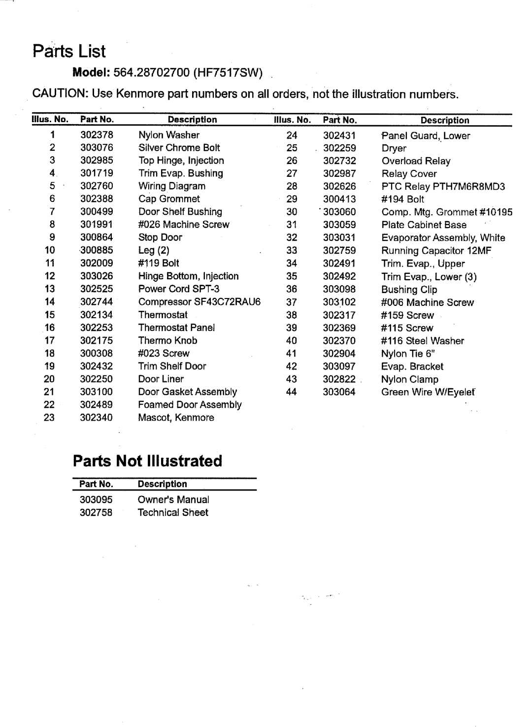 Kenmore warranty Parts Not Illustrated, Model 564.28702700 HF7517SW, Illus. No Description, Technical Sheet 