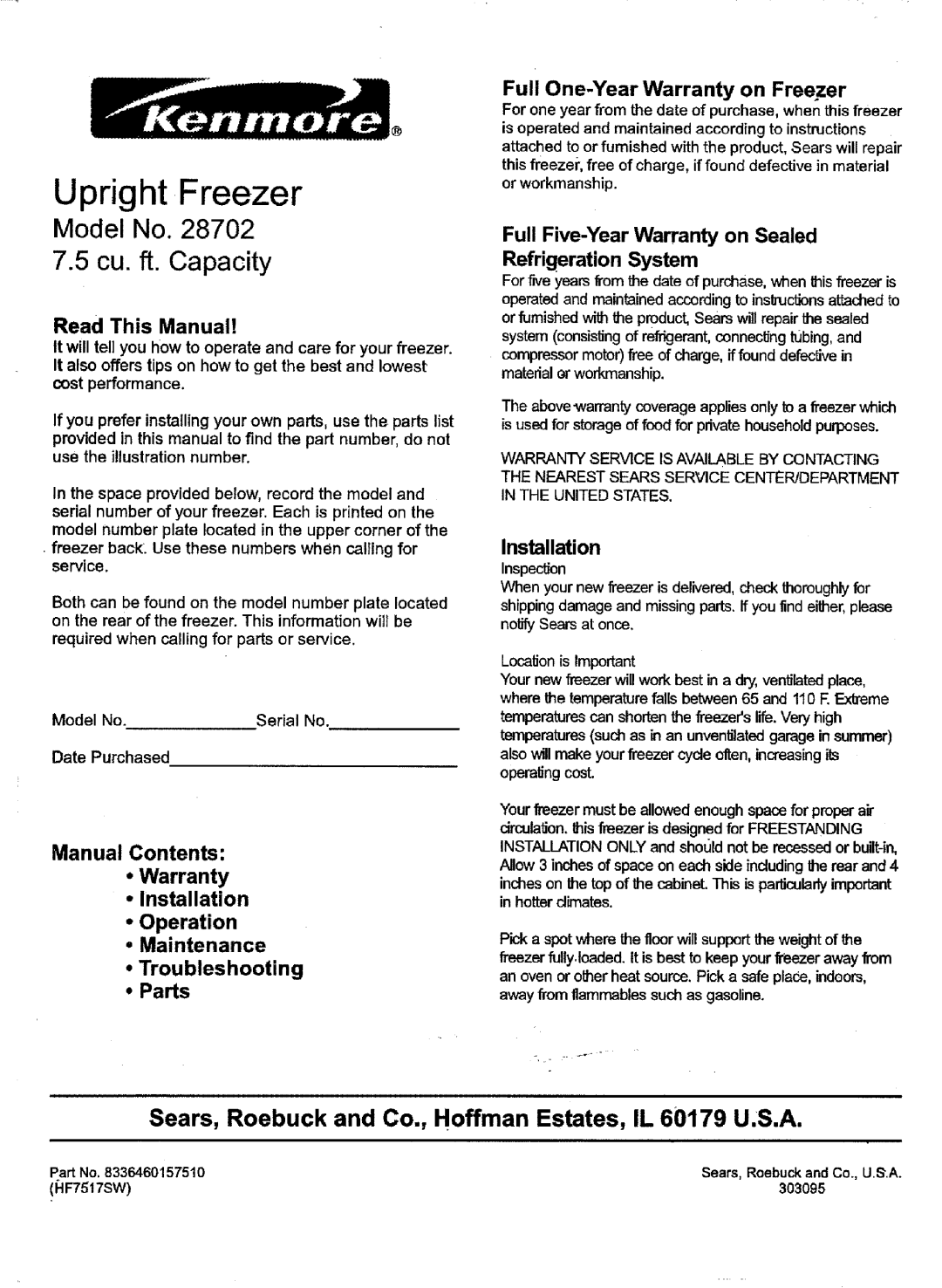 Kenmore HF7517SW, 28702 warranty Model No. 7.5 cu. ft. Capacity, Upright Freezer, Refrigeration System, Read This Manual 