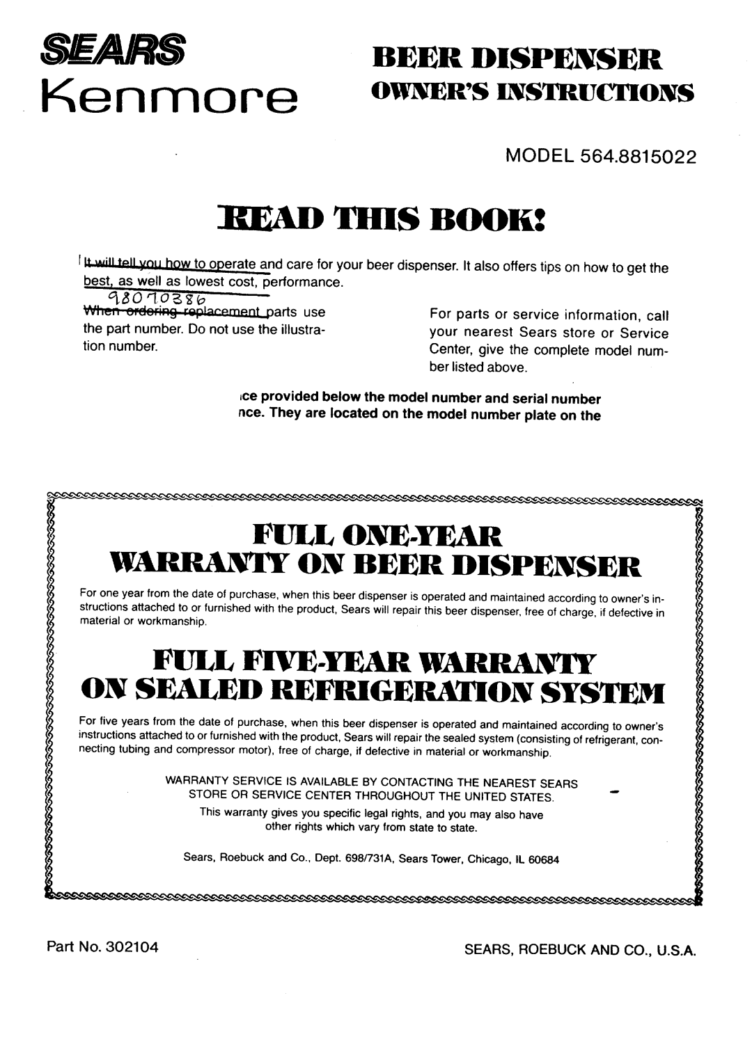 Kenmore 564.8815022 warranty Kenmore, =r.rn.rlt 