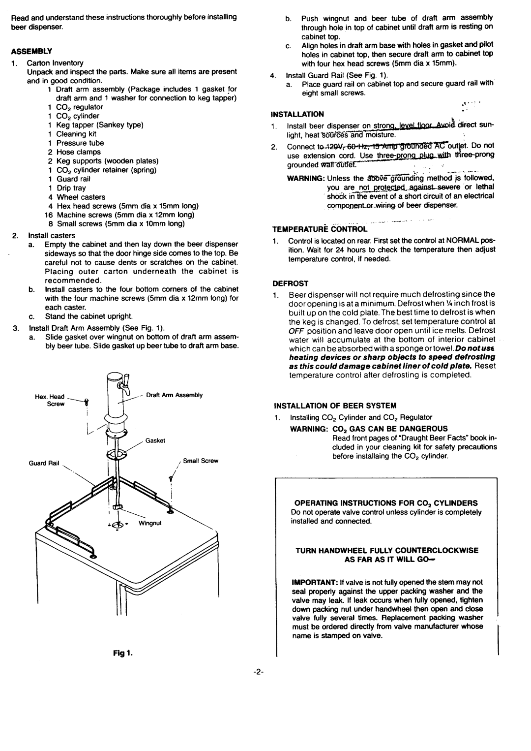 Kenmore 564.8815022 warranty Assembly, Installation, Temperature Control, Defrost, Operating Instructions for CO2 Cylinders 