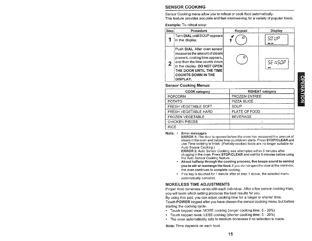 Kenmore 565.60589 manual Sensor Cooking, Example To reheat soup, Ensor Cooking Menus Cook category Reheat category, RiCE 