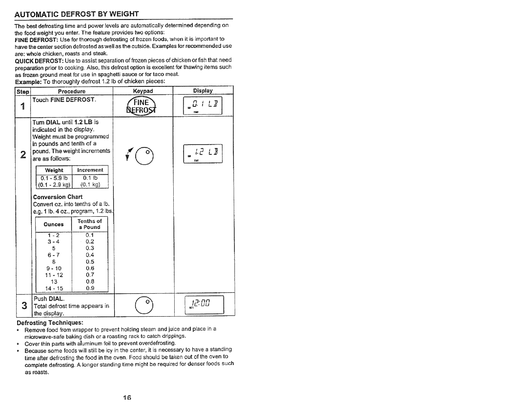 Kenmore 565.60582 Automatic Defrost by Weight, 5.9 tb 0.1 lb 2.9 kg 0.1 kg, Conversion Chart, Tenths Ounces a Pound, 20.1 