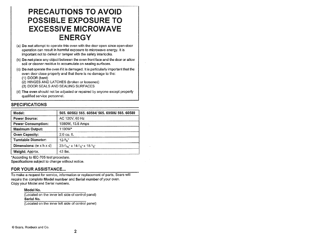 Kenmore 565.60584 manual SPECiFiCATiONS, For Your Assistance, Door Seals and Sealing Surfaces, Model 565 /565 /565 /565 