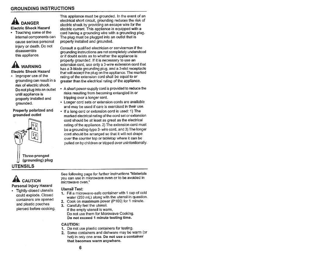 Kenmore 565.60589, 565.60582, 565.60584 Grounding Instructions, Utensils, Electric Shock Hazard, Personal injury Hazard 