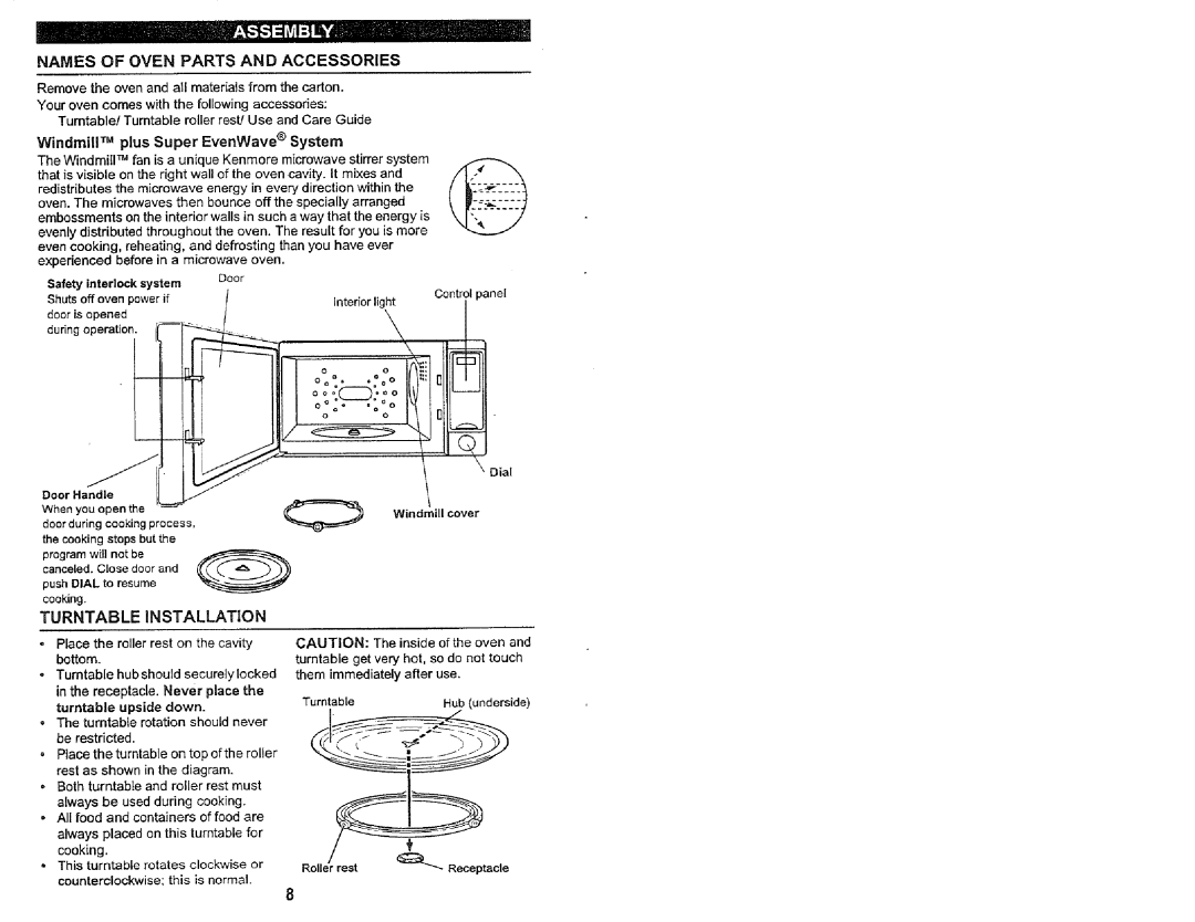 Kenmore 565.60584, 565.60589, 565.60582 manual Names of Oven Parts and Accessories, Turntable Unstallation, Ro er res 