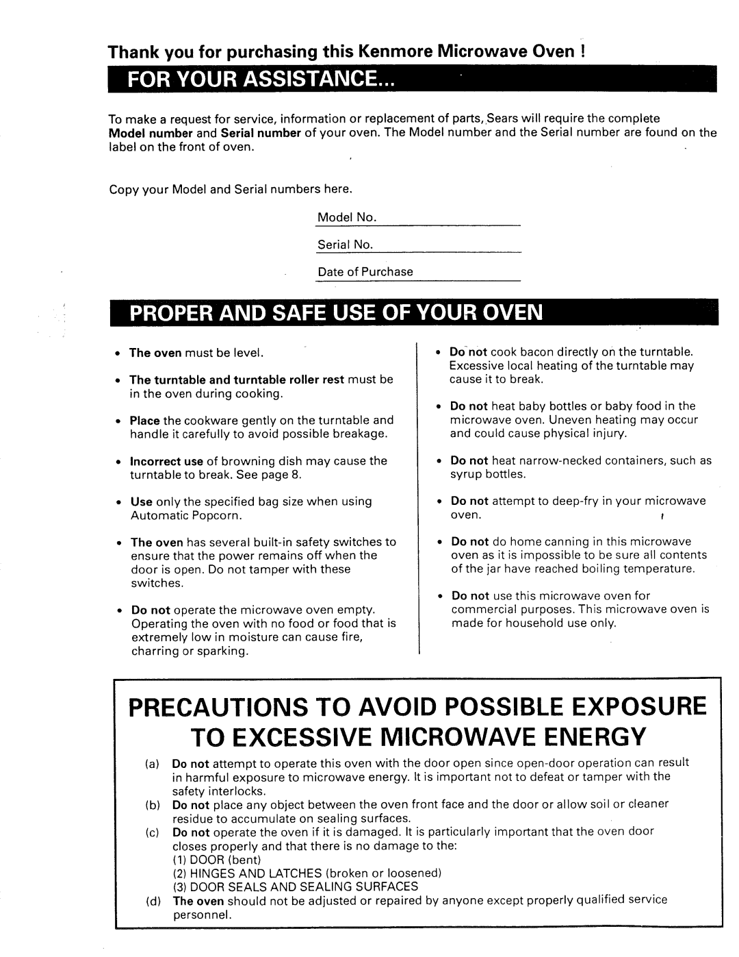 Kenmore 565.66101690 owner manual Precautions to Avoid Possible Exposure 