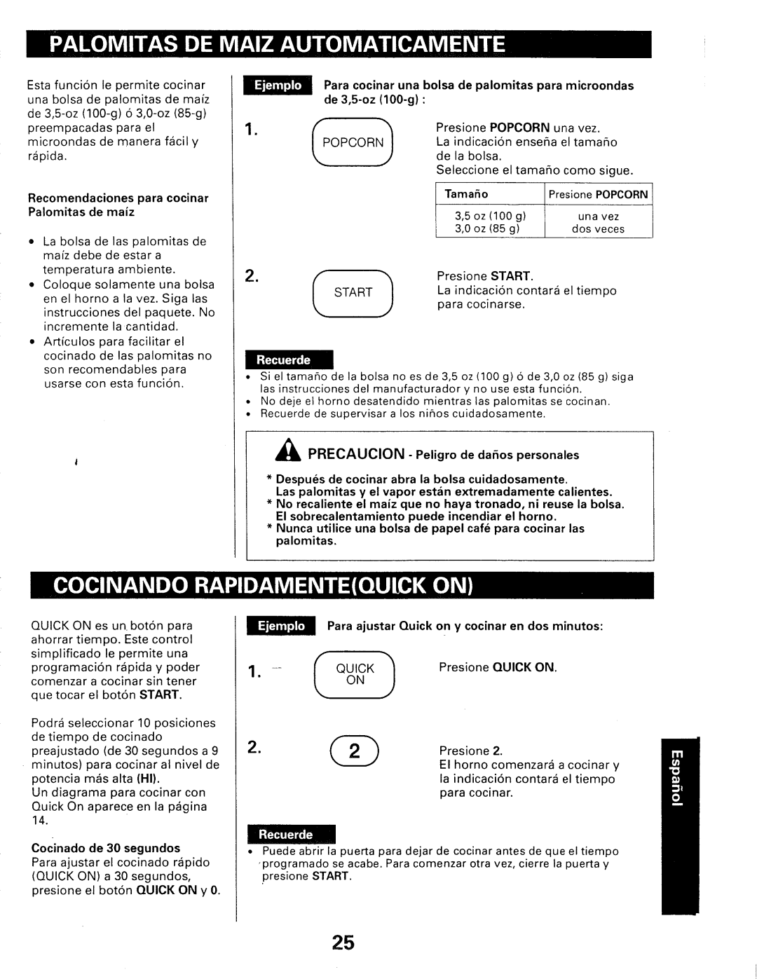 Kenmore 565.66101690 owner manual Recomendaciones para cocinar Palomitas de maiz, Popcorn Start 