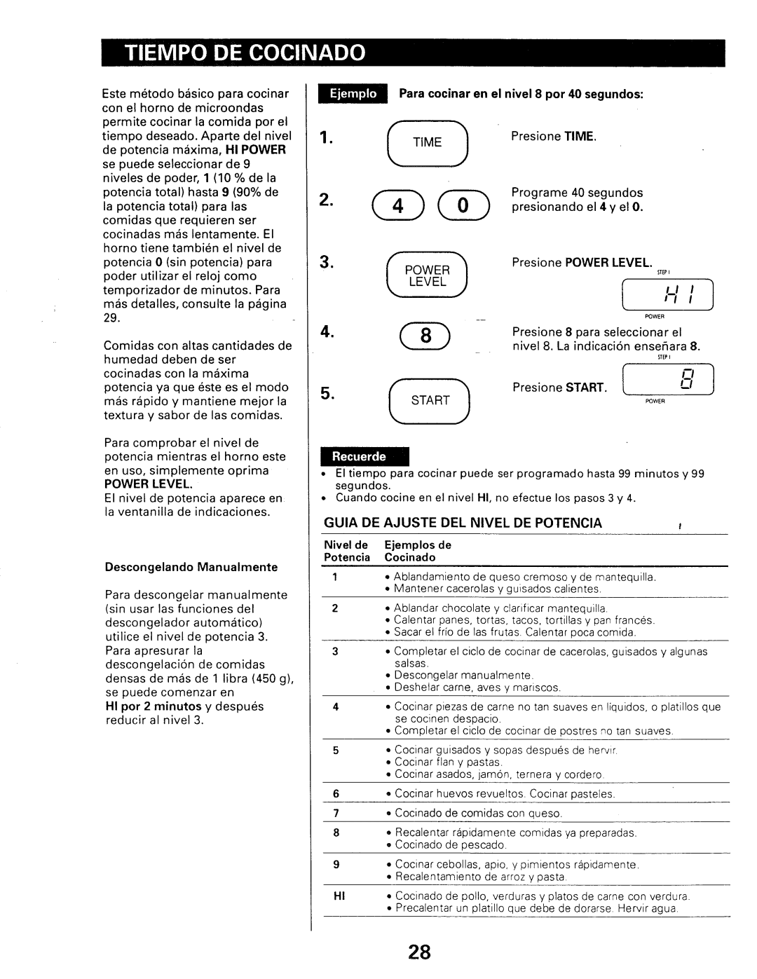 Kenmore 565.66101690 owner manual Descongelando Manualmente, Para cocinar en el nivel 8 por 40 segundos 