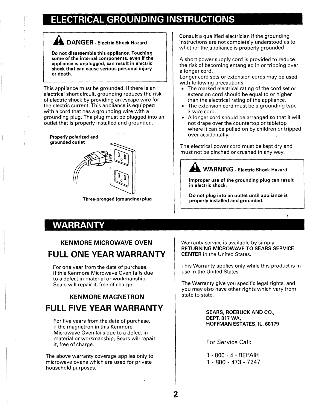 Kenmore 565.66101690 owner manual Full Five Year Warranty 