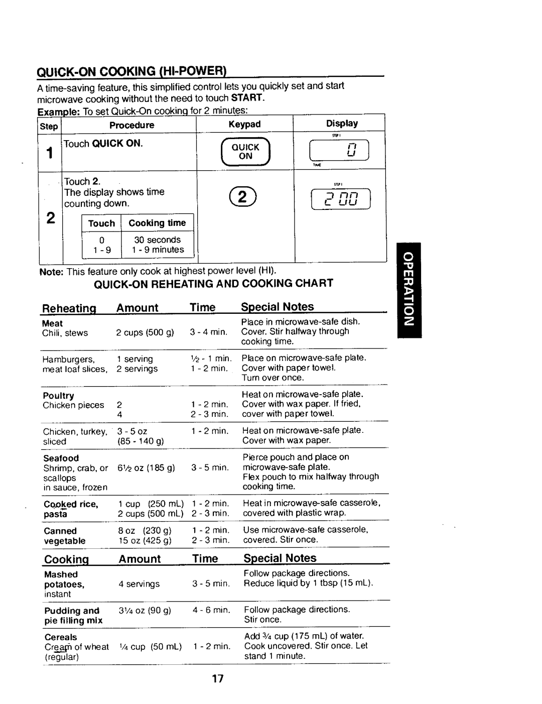 Kenmore 565.68421, 565.68420, 565.68301, 565.68300 owner manual QUICK-ON Cooking HI-POWER, XouchQUICK on 