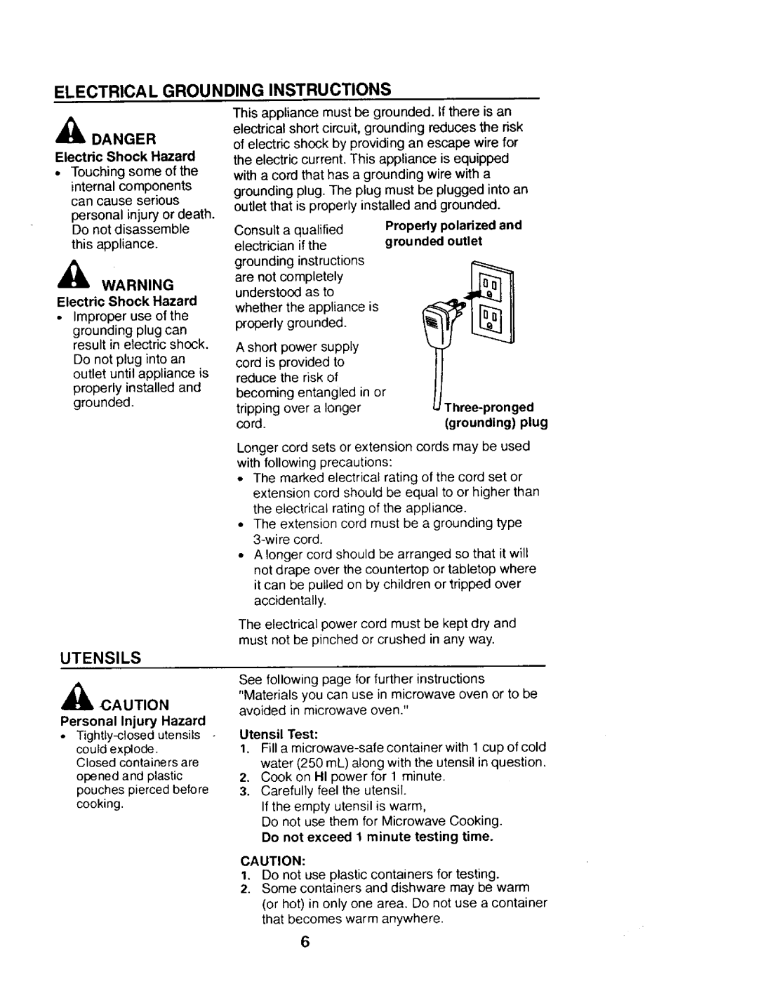 Kenmore 565.68301, 565.68420, 565.68421, 565.68300 owner manual Electrical Grounding Instructions, Utensils 